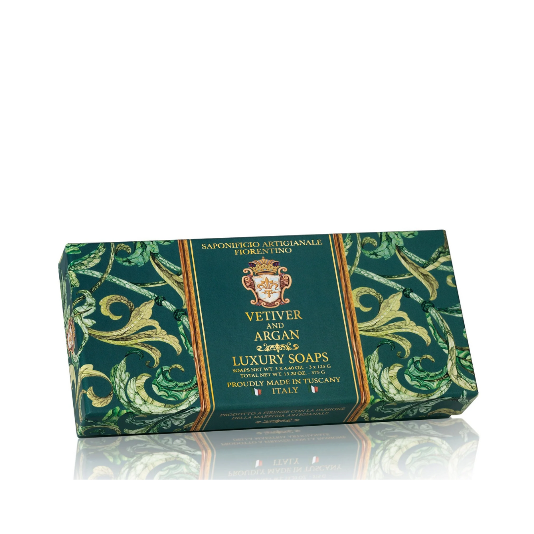 125g Set of 3 Bar Soaps - Saponificio Artigianale Fiorentino - Saponificio Artigianale Fiorentino Vetiver & Argan Luxury Gift Box Soap 3x125g - The Gift Company
