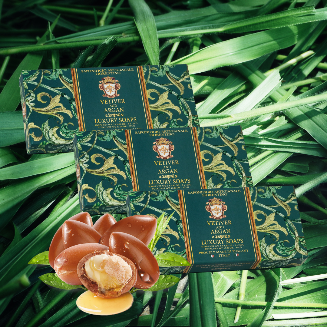 125g Set of 3 Bar Soaps - Saponificio Artigianale Fiorentino - Saponificio Artigianale Fiorentino Vetiver & Argan Luxury Gift Box Soap 3x125g - The Gift Company