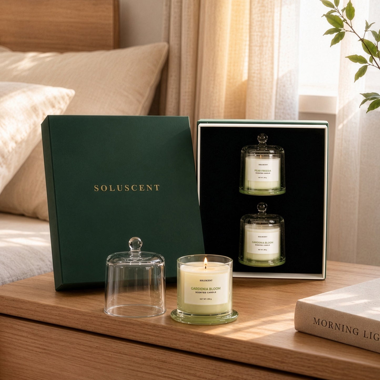 Soluscent Fresh Morning gift set styled beside a lit Gardenia Bloom candle