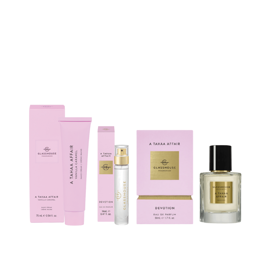 Glasshouse Fragrances A Tahaa Affair Vanilla Devotion Edit (Eau de Parfum 50mL, Eau de Parfum Travel Size, Hand Cream)