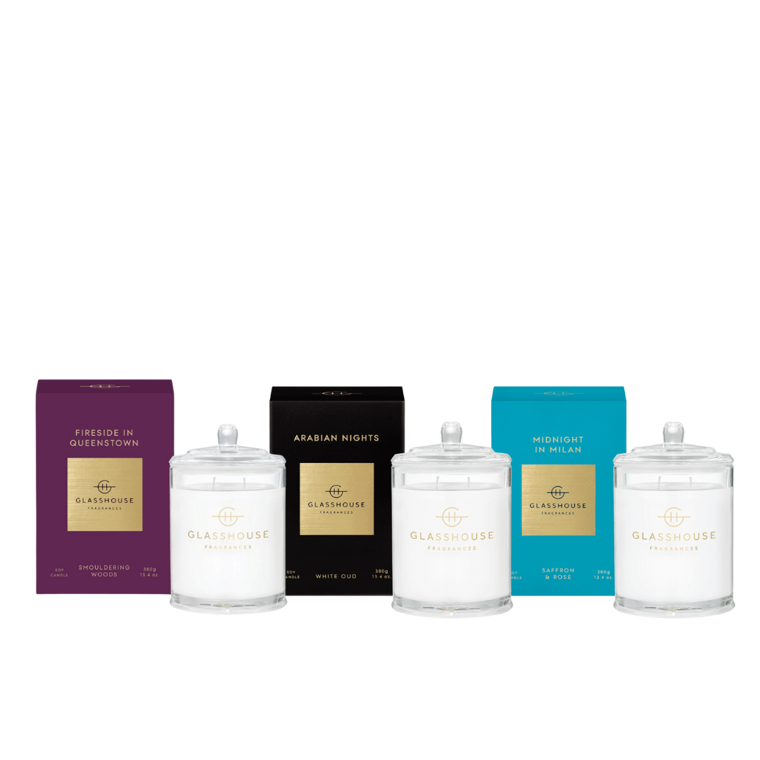 Glasshouse Fragrances Chalet Nights Edit (Midnight in Milan, Arabian Nights & Fireside in Queenstown)