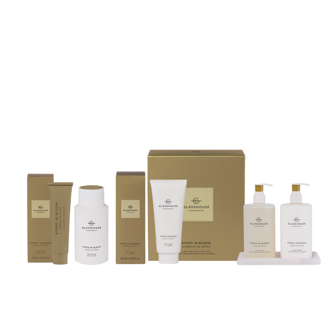 Glasshouse skincare product set with bottles and boxes on a white background