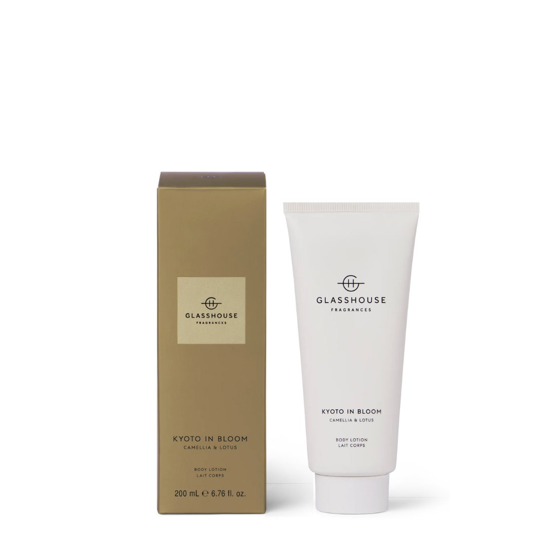 Glasshouse Fragrances body lotion and packaging on a white background