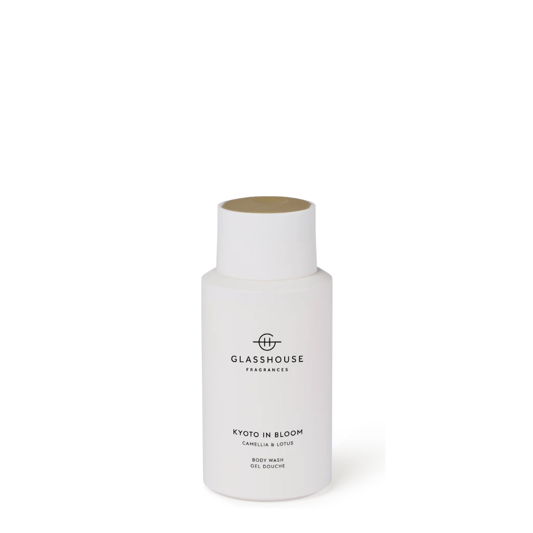 White bottle of Glasshouse Fragrances Kyoto in Bloom body wash on a white background