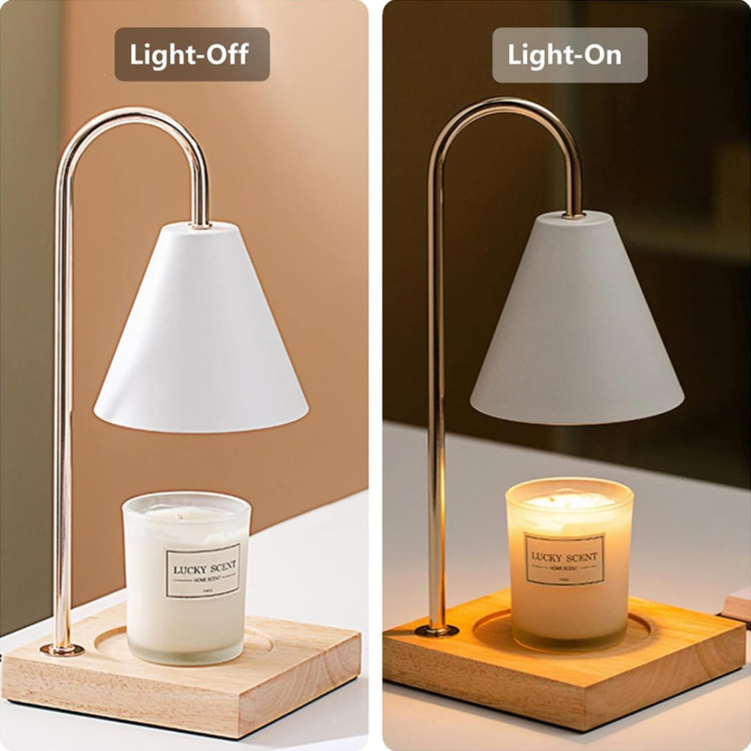 Table lamp with a candle on a wooden base, shown in 'Light-Off' and 'Light-On' states.