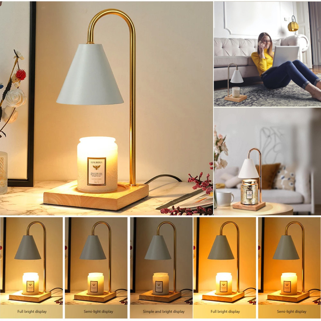 Collage of a table lamp with different light settings and usage scenarios.