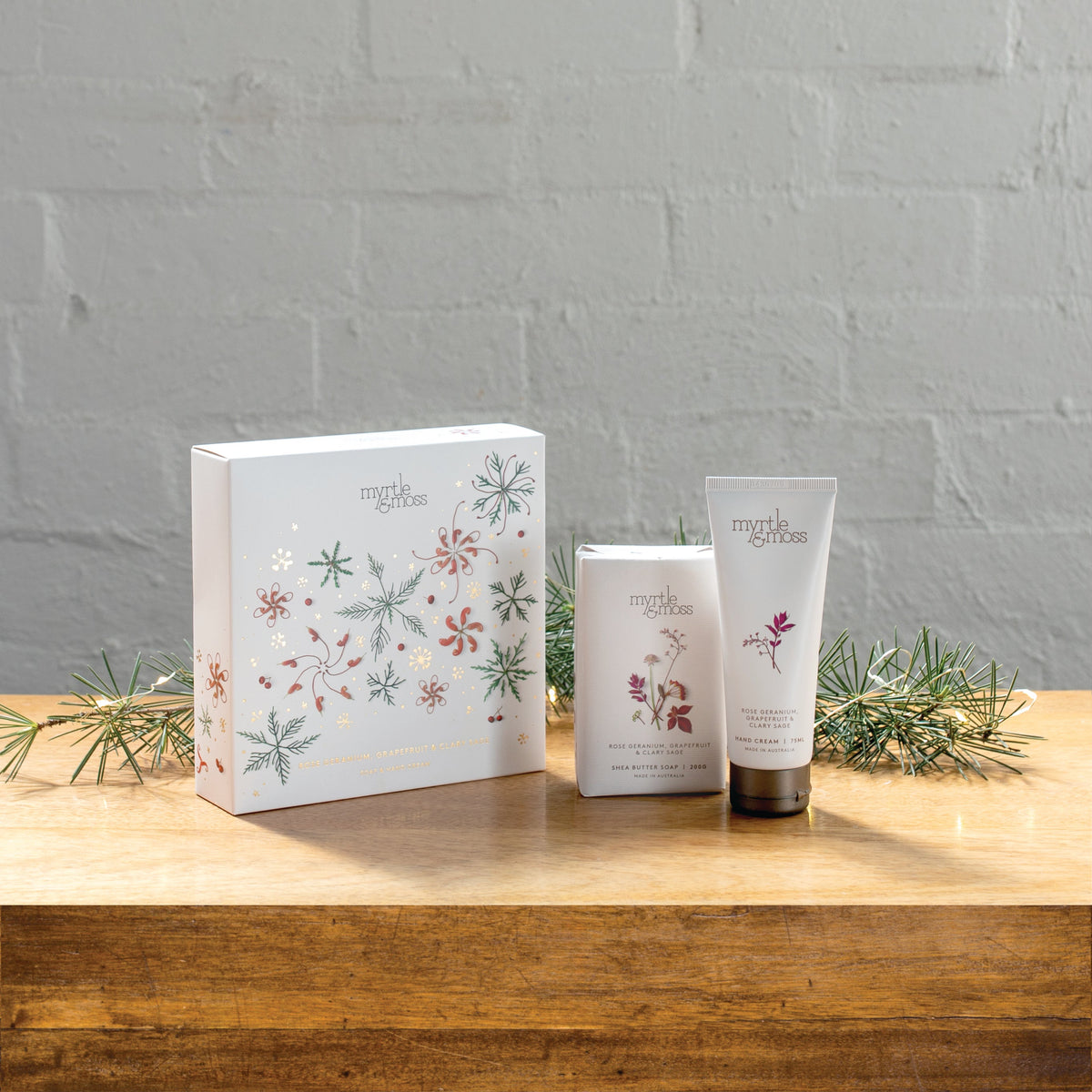 Myrtle & Moss Christmas Duet Gift Set Rose Geranium, Grapefruit & Clary Sage - product and Christmas packaging