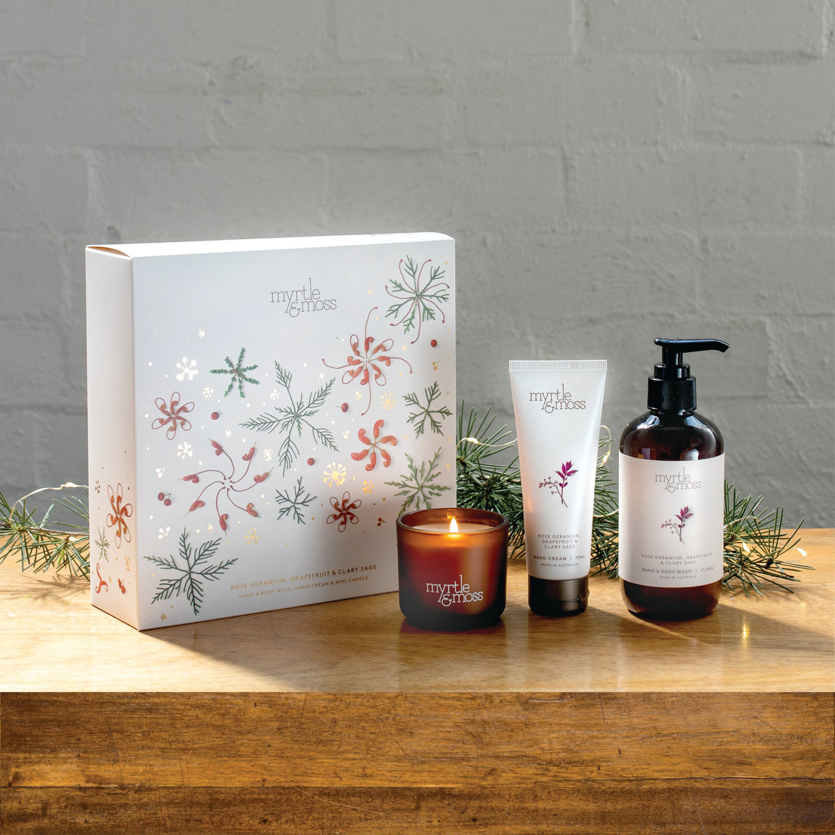 Myrtle & Moss Christmas Trio Gift Set Rose Geranium, Grapefruit & Clary Sage - product and Christmas packaging