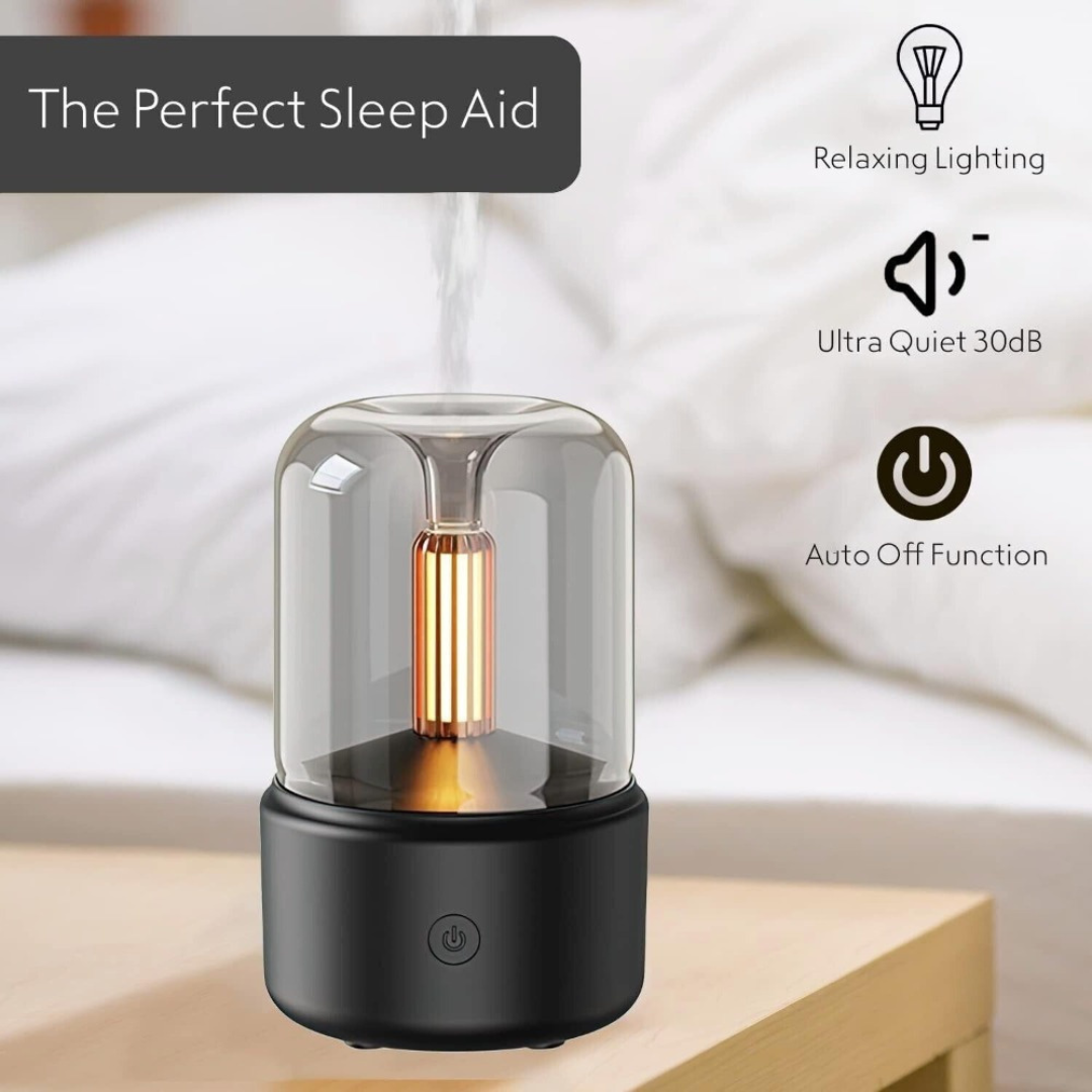 Black and gold night light on a bedside table with text 'The Perfect Sleep Aid' and features listed.