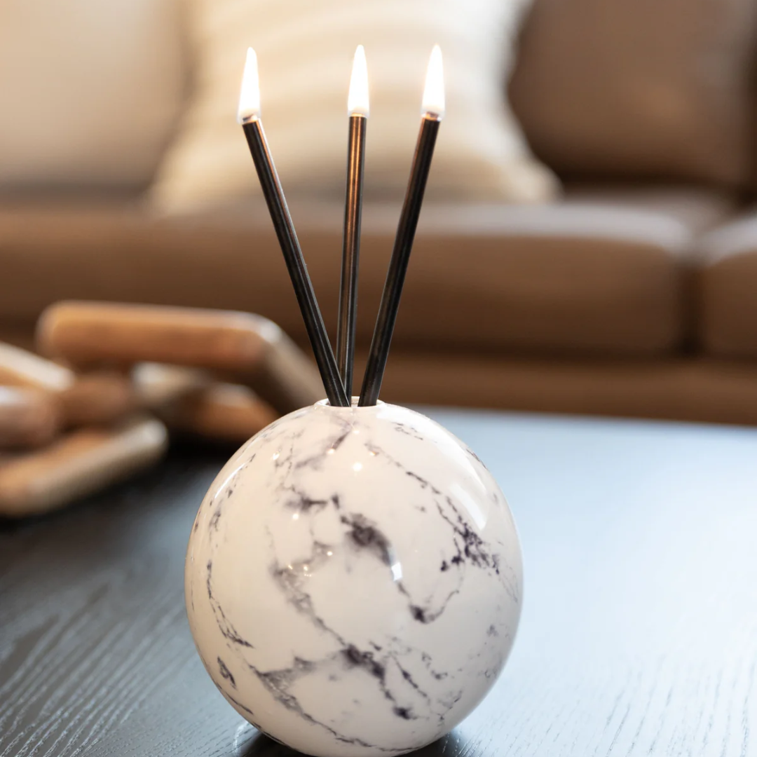 Everlasting Candle Co Neva Signature Set - White Marble Vase & Black Candle Sticks - The Gift Company