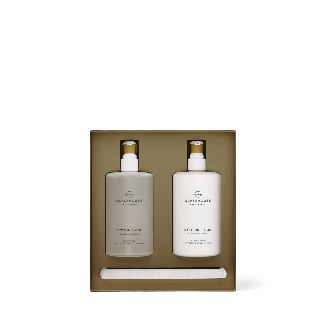 Bath & Body Gift Sets - Glasshouse - Glasshouse Fragrances Kyoto in Bloom Camellia & Lotus Hand Wash, Hand Lotion & Tray Set - The Gift Company