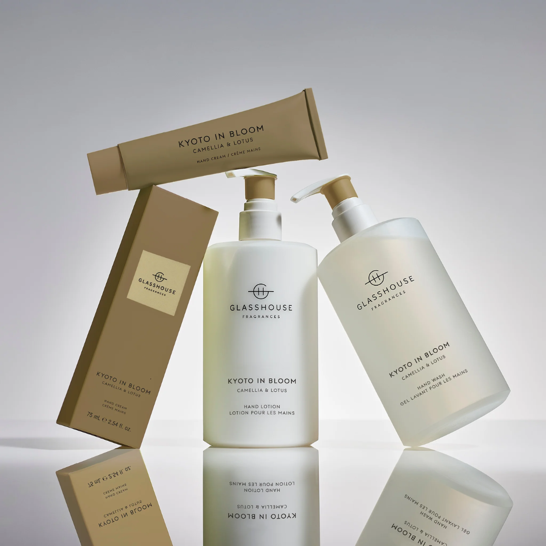 Bath & Body Gift Sets - Glasshouse - Glasshouse Fragrances Kyoto in Bloom Camellia & Lotus Hand Wash, Hand Lotion & Tray Set - The Gift Company
