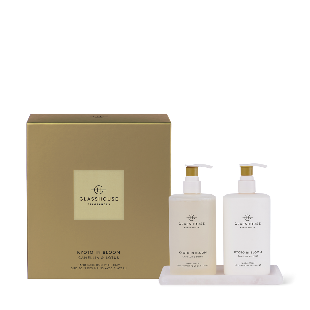 Bath & Body Gift Sets - Glasshouse - Glasshouse Fragrances Kyoto in Bloom Camellia & Lotus Hand Wash, Hand Lotion & Tray Set - The Gift Company