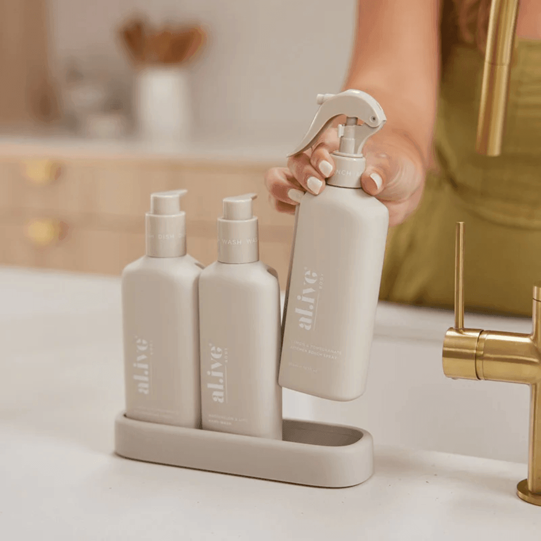 Bench Spray, Dishwashing Liquid & Hand Wash - Al.ive - al.ive body Kitchen Trio - Bench Spray, Dishwashing Liquid, Hand Wash & Tray - The Gift Company