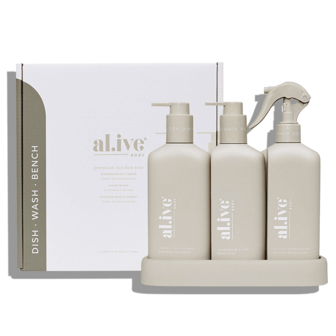 Bench Spray, Dishwashing Liquid & Hand Wash - Al.ive - al.ive body Kitchen Trio - Bench Spray, Dishwashing Liquid, Hand Wash & Tray - The Gift Company