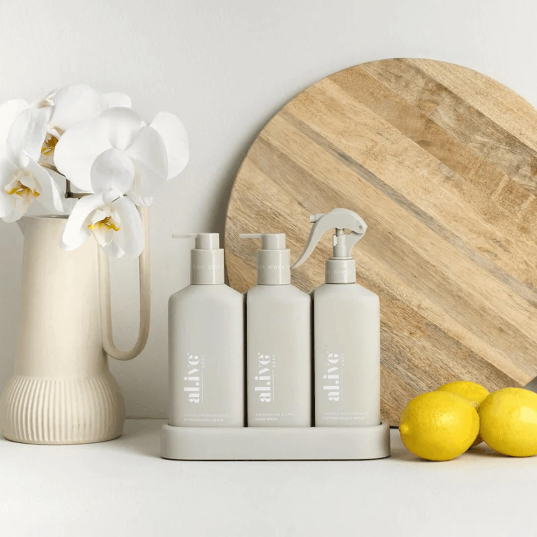 Bench Spray, Dishwashing Liquid & Hand Wash - Al.ive - al.ive body Kitchen Trio - Bench Spray, Dishwashing Liquid, Hand Wash & Tray - The Gift Company