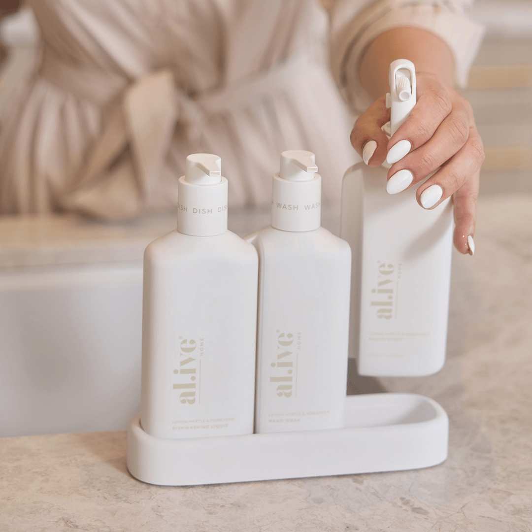 Bench Spray, Dishwashing Liquid & Hand Wash - Al.ive - al.ive body Kitchen Trio - Bench Spray, Dishwashing Liquid, Hand Wash & Tray (White) - The Gift Company