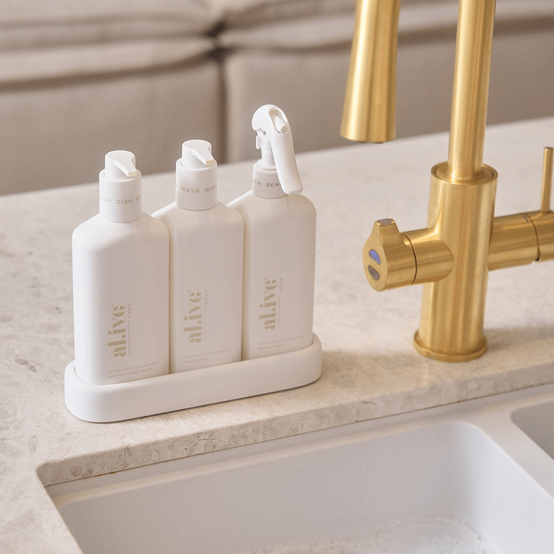 Bench Spray, Dishwashing Liquid & Hand Wash - Al.ive - al.ive body Kitchen Trio - Bench Spray, Dishwashing Liquid, Hand Wash & Tray (White) - The Gift Company
