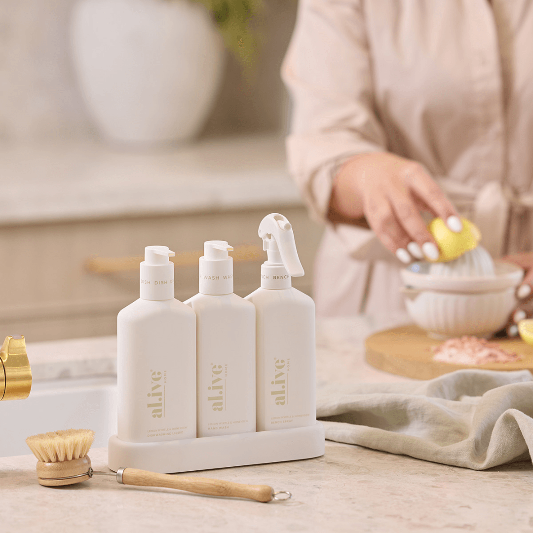 Bench Spray, Dishwashing Liquid & Hand Wash - Al.ive - al.ive body Kitchen Trio - Bench Spray, Dishwashing Liquid, Hand Wash & Tray (White) - The Gift Company