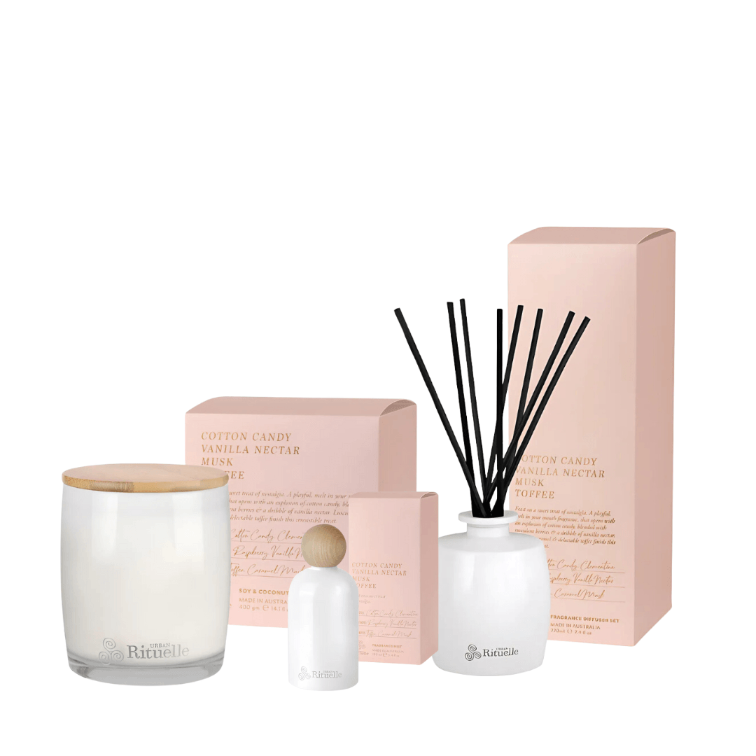 Bundle - Urban Rituelle - Urban Rituelle Cotton Candy, Vanilla Nectar, Musk, Toffee Bundle - Candle, Diffuser, Room & Body Mist (worth $130) - The Gift Company