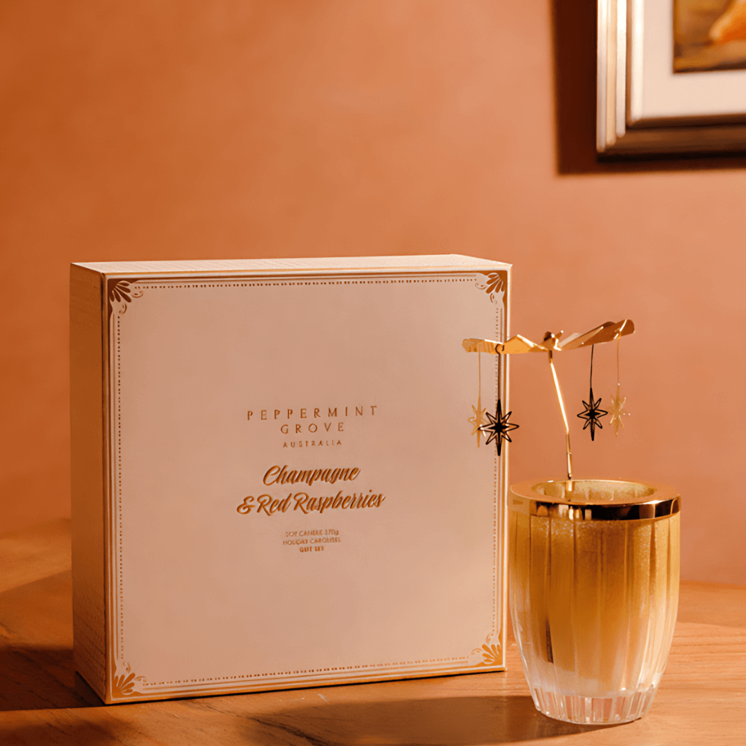 Candle - Peppermint Grove - Peppermint Grove Champagne & Red Raspberries Candle & Carousel Gift Set - The Gift Company