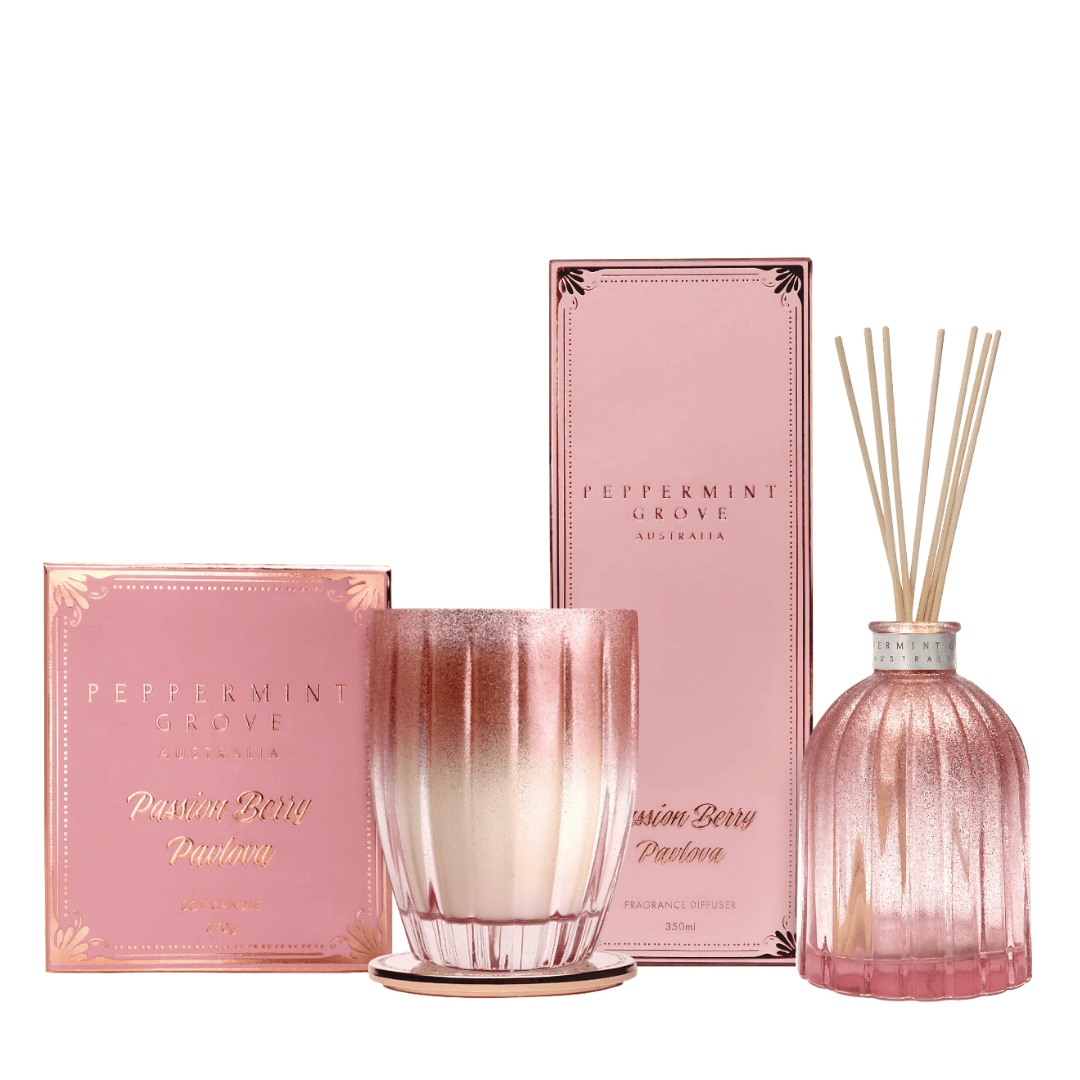 Candle - Peppermint Grove - Peppermint Grove Passion Berry Pavlova Soy Candle 370g & Diffuser 350mL Bundle (worth $95) - The Gift Company