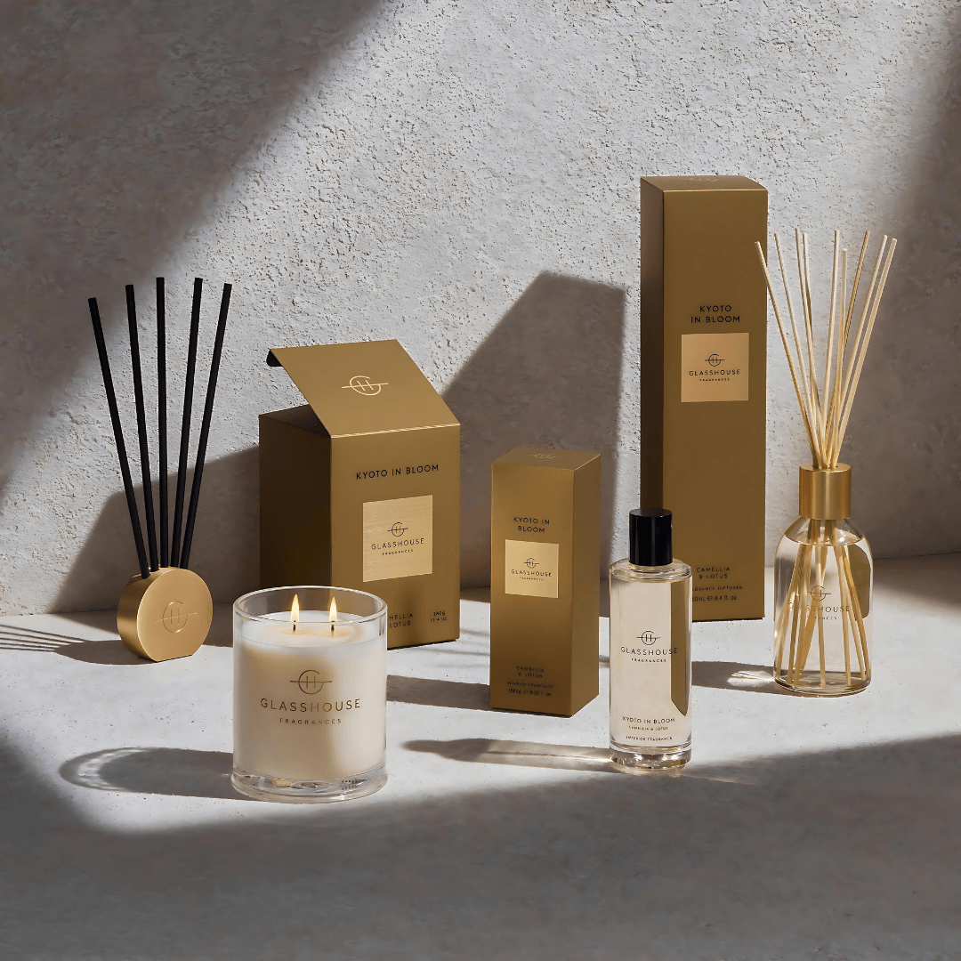 Gift Set - The Gift Company - Cheers Gift Set - Kyoto in Bloom Candle, Zjoosh Soiree Flutes Glasses, Chandon Brut Bottle - The Gift Company