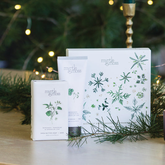Myrtle & Moss Christmas Duet Gift Set Bergamot Rind, Tangerine & Geranium Leaf - official styled Christmas photograph
