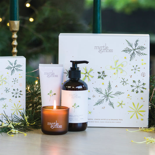 Myrtle & Moss Christmas Trio Gift Set Mandarin, Lemon Myrtle & Orange Peel - official styled Christmas photograph