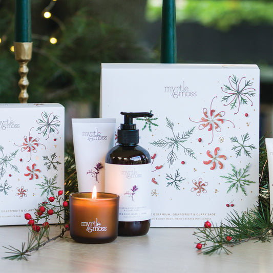 Myrtle & Moss Christmas Trio Gift Set Rose Geranium, Grapefruit & Clary Sage - official styled Christmas photograph