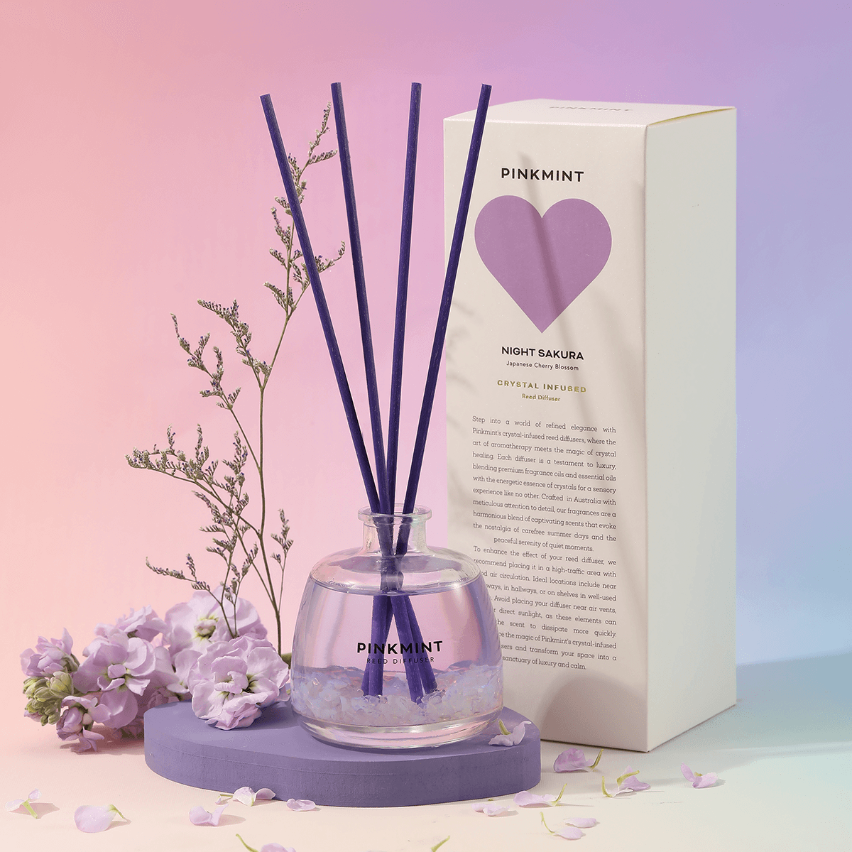 Reed Diffuser - Pinkmint Candle - Pinkmint Candle Night Sakura Reed Diffuser Crystal Infused 200ml - The Gift Company