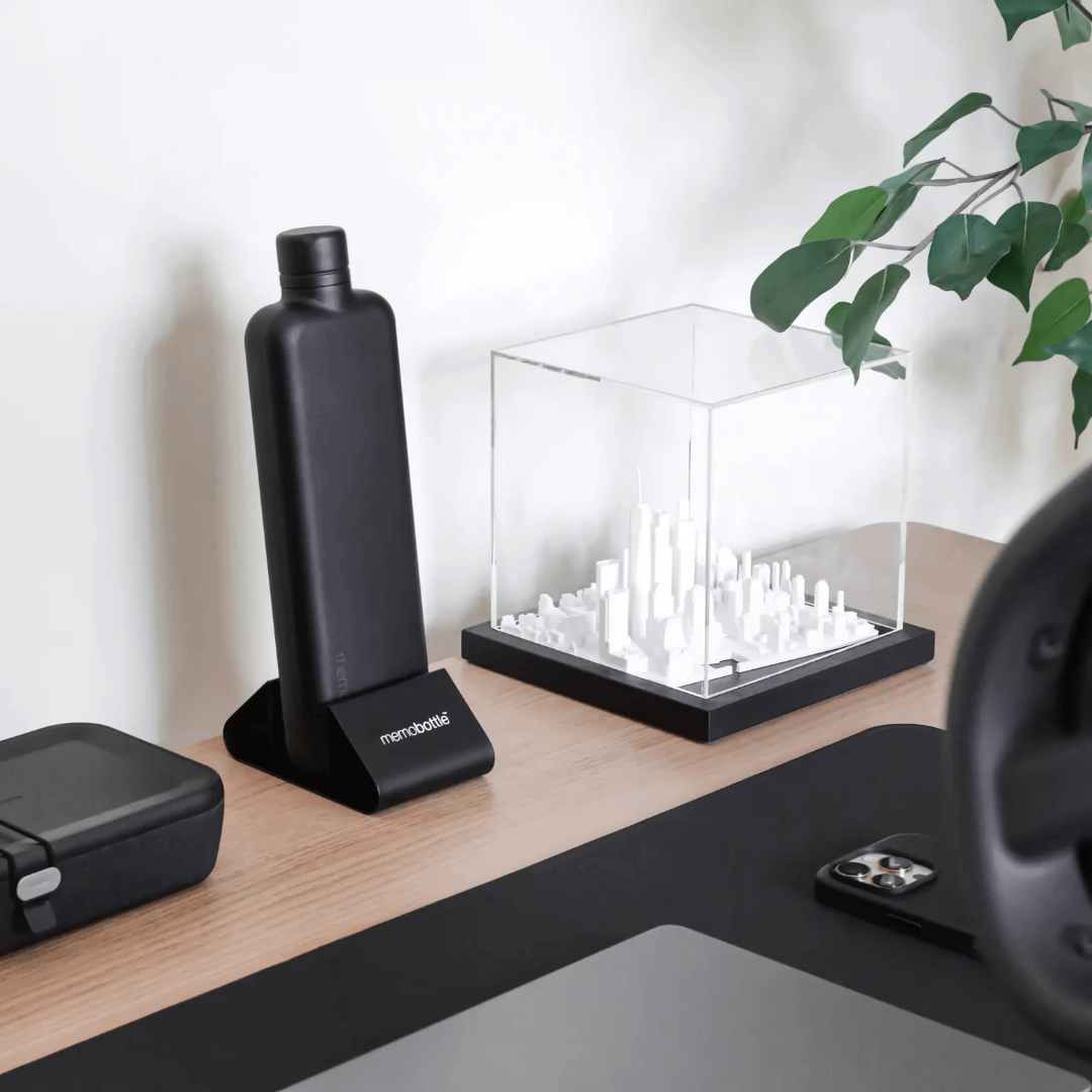 Water Bottle Stand - memobottle - memobottle Black Desk Stand (Stainless Steel memobottle) - The Gift Company