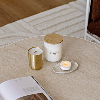 Hutwoods Cedar Leaf & Vanilla Bean Brass Vessel Candle 375g 80+ Hours Burn Time lifestyle image 5