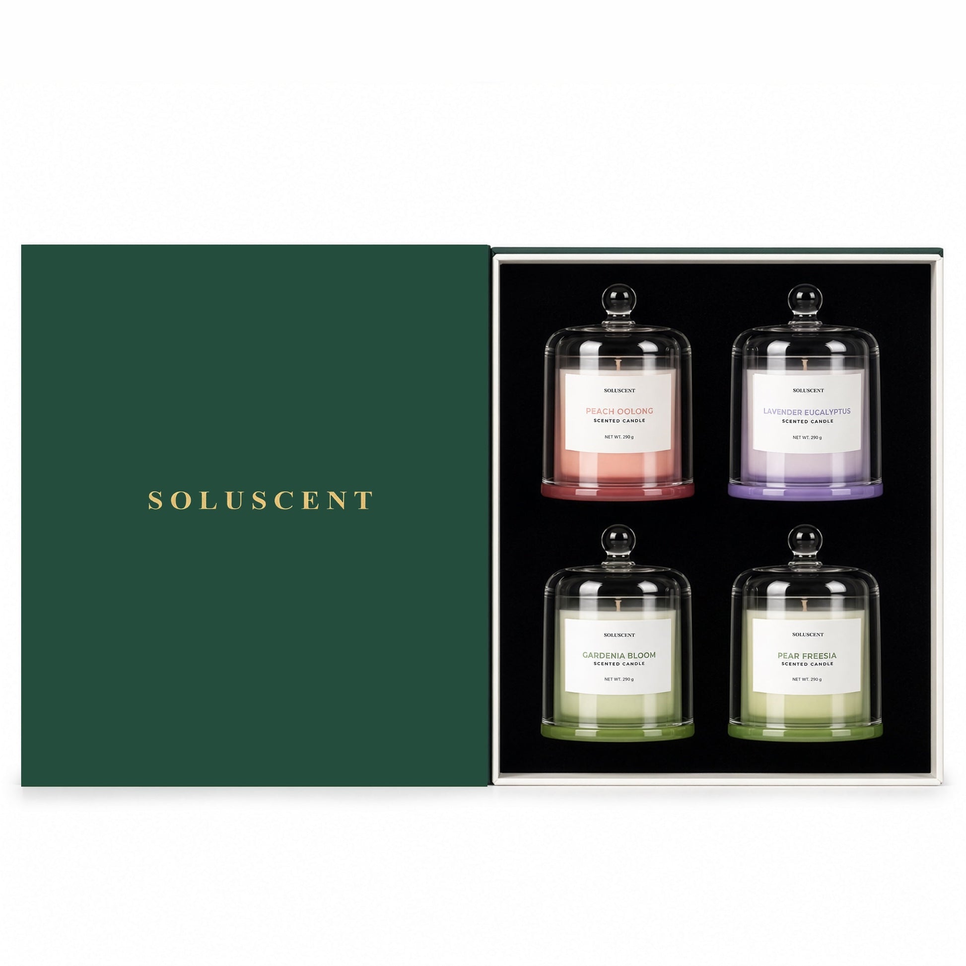 Soluscent Complete Ritual open gift box with Peach Oolong, Lavender Eucalyptus, Pear Freesia and Gardenia Bloom