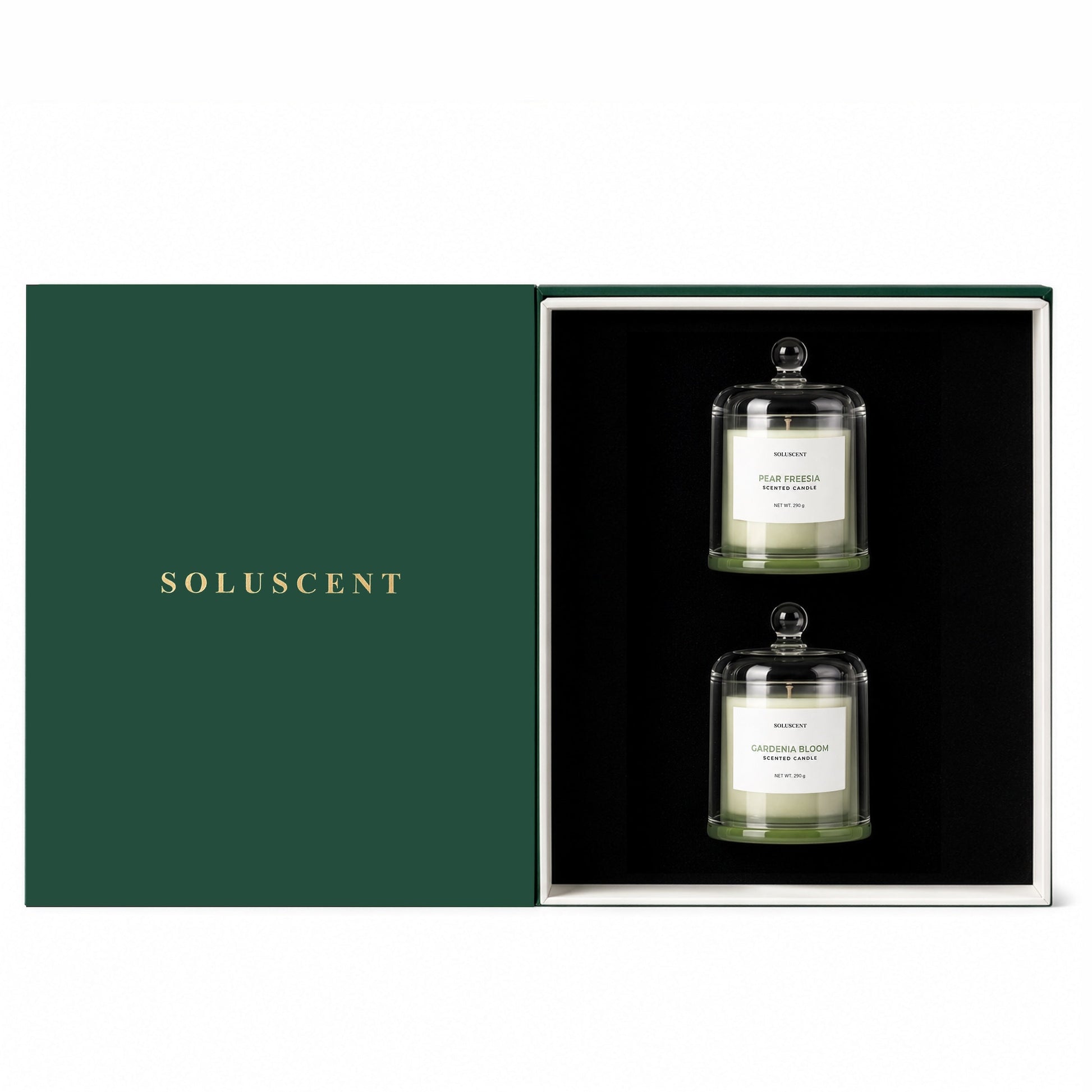 Soluscent Fresh Morning open gift box with Pear Freesia and Gardenia Bloom candles