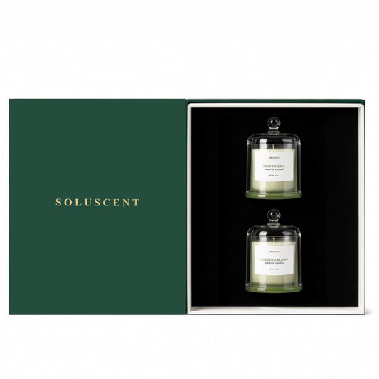 Soluscent Fresh Morning open gift box with Pear Freesia and Gardenia Bloom candles