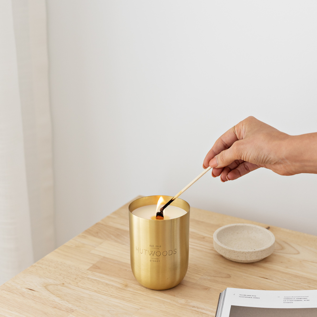 Hutwoods Grapefruit & Chamomile Brass Vessel Candle 375g 80+ Hours Burn Time lifestyle image 3
