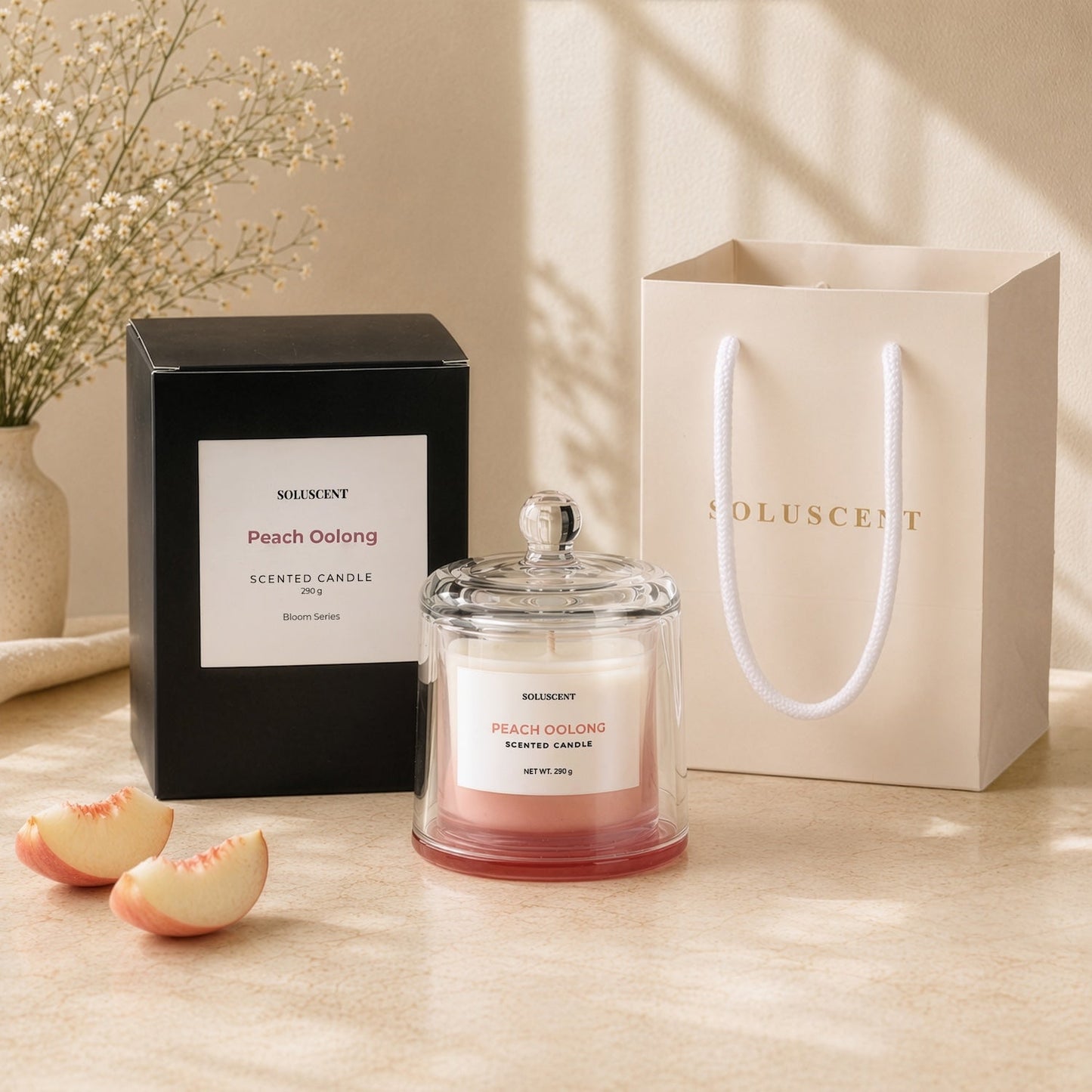 Soluscent Peach Oolong candle with glass dome lid, box and gift presentation