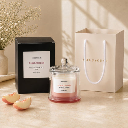 Soluscent Peach Oolong candle with glass dome lid, box and gift presentation