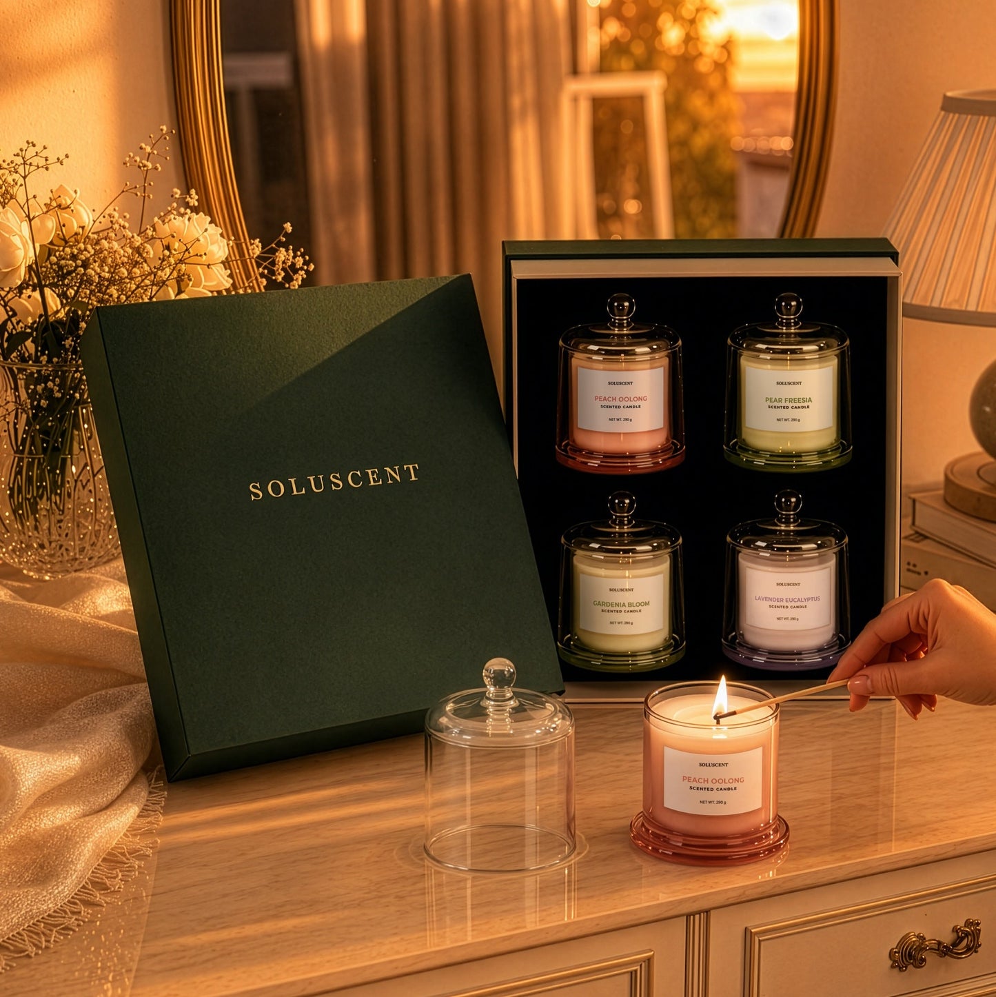 Peach Oolong candle being lit from the Soluscent Complete Ritual gift set