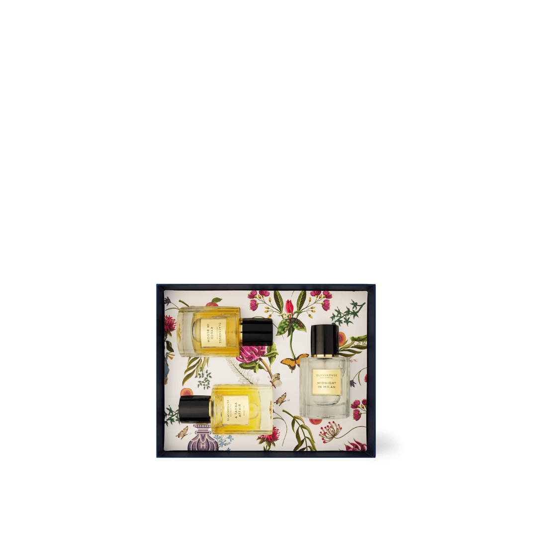 Glasshouse Fragrances Fine Fragrance Gift Set Kyoto in Bloom, A Tahaa Affair, Midnight in Milan