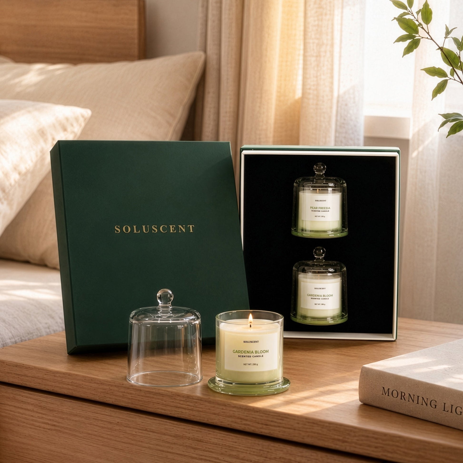 Soluscent Fresh Morning gift set styled beside a lit Gardenia Bloom candle