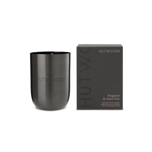 Hutwoods Bergamot & Anjou Pear Matte Black Vessel Candle 375g 80+ Hours Burn Time - The Gift Company