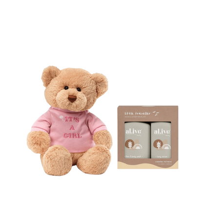 Baby Gift Set - Gund It’s A Girl Teddy Bear & al.ive body Little Traveller Wash & Lotion Set