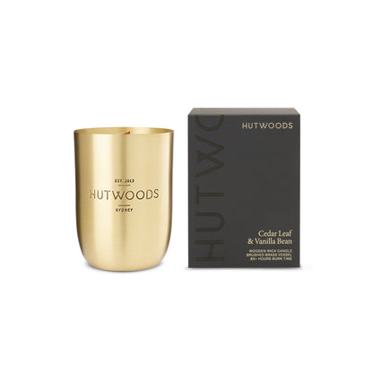 Hutwoods Cedar Leaf & Vanilla Bean Brass Vessel Candle 375g 80+ Hours Burn Time - The Gift Company