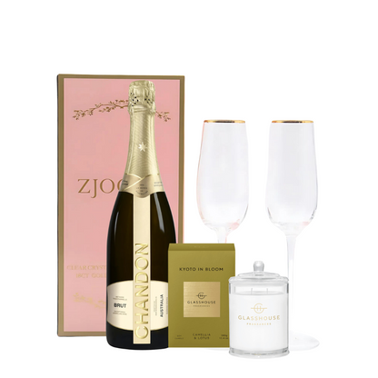 Cheers Gift Set - Kyoto in Bloom Candle, Zjoosh Soiree Flutes Glasses, Chandon Brut Bottle