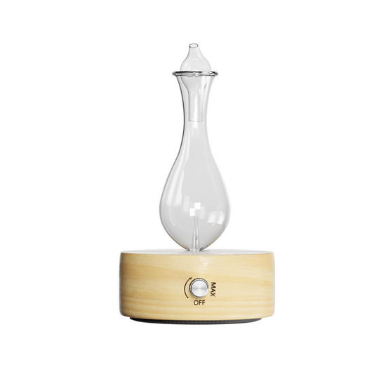 Decorative lamp with glass bulb and wooden base on a white background
