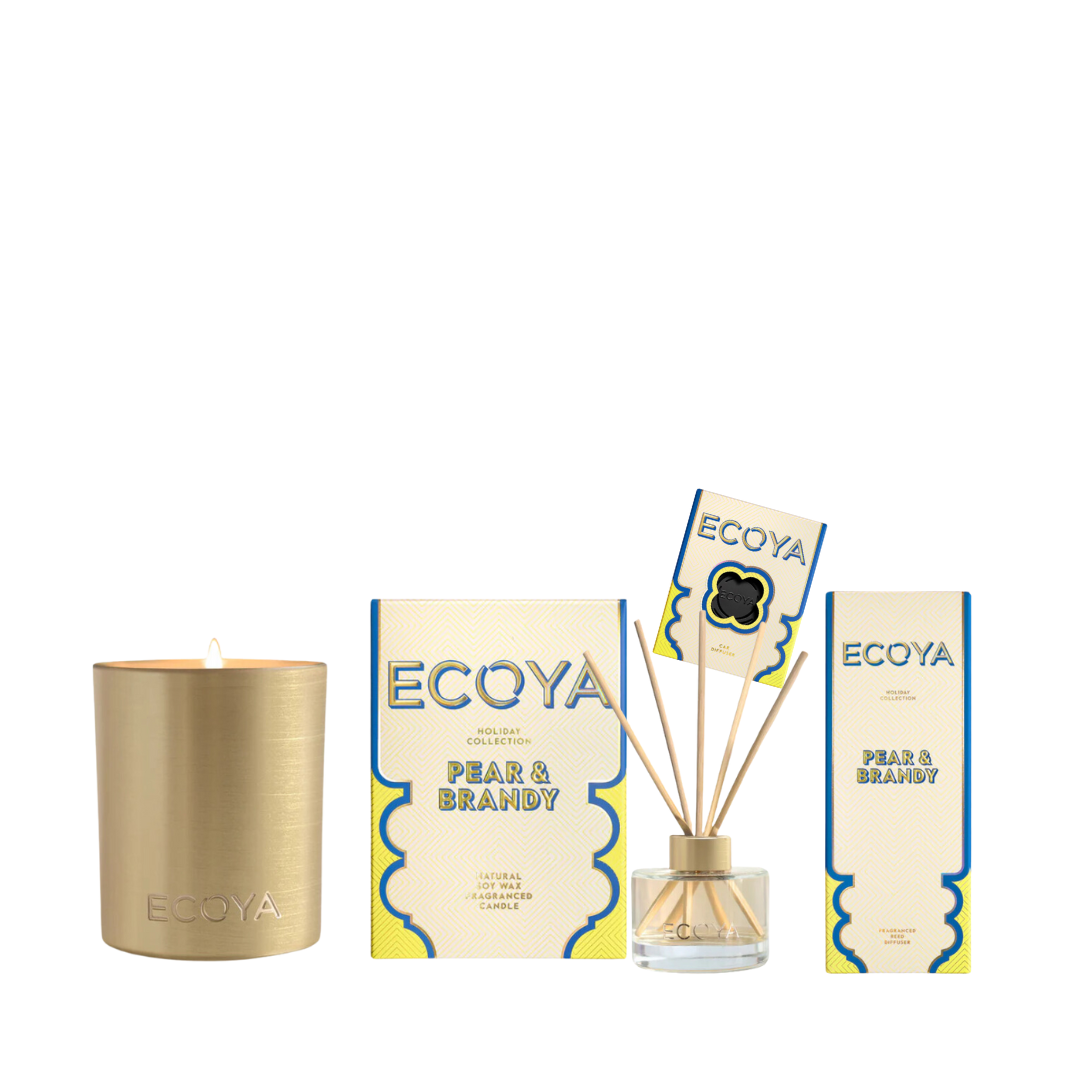 ECOYA Pear & Brandy Holiday Collection Bundle: Candle, Diffuser & Car Diffuser (worth $110)