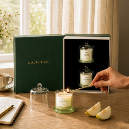 Pear Freesia candle being lit from the Soluscent Fresh Morning gift set