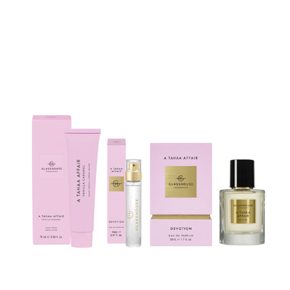 Glasshouse Fragrances A Tahaa Affair Vanilla Devotion Edit (Eau de Parfum 50mL, Eau de Parfum Travel Size, Hand Cream)
